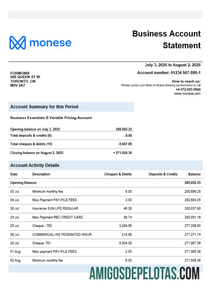 Extrato bancário comercial do Monese Bank em formato Word e PDF amostra
